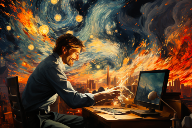 A Hiring Manager Looking into Computer To Attract Talent. Style of Vincent Van Gogh, Starry Night