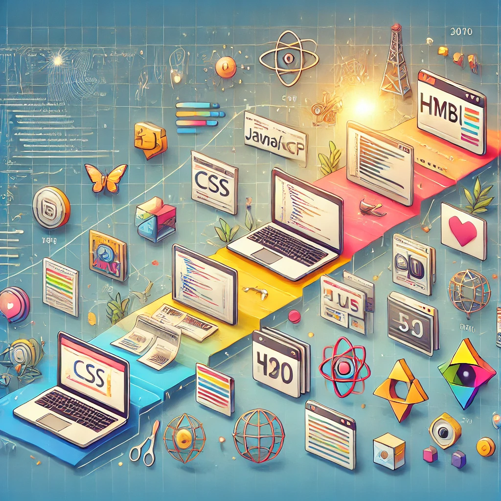 Timeline showing the evolution of front-end development from static HTML pages to modern, dynamic applications with advanced frameworks, tools, and trends.