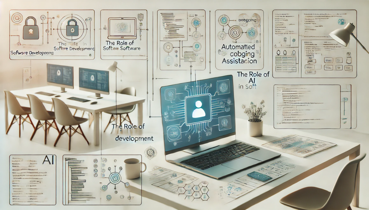 Futuristic workspace showing a developer using AI-driven tools for coding and debugging, with holographic screens, code blocks, and digital data flow representing AI's role in software development.