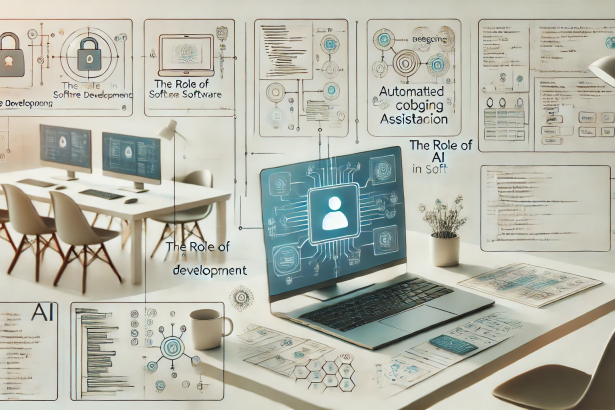 Futuristic workspace showing a developer using AI-driven tools for coding and debugging, with holographic screens, code blocks, and digital data flow representing AI's role in software development.