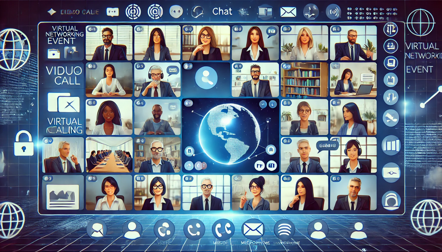 A remote worker participating in a virtual networking event on a laptop, surrounded by icons representing LinkedIn, Slack, Zoom, and email connections.