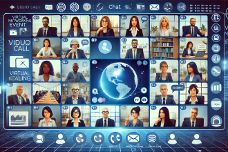 A remote worker participating in a virtual networking event on a laptop, surrounded by icons representing LinkedIn, Slack, Zoom, and email connections.