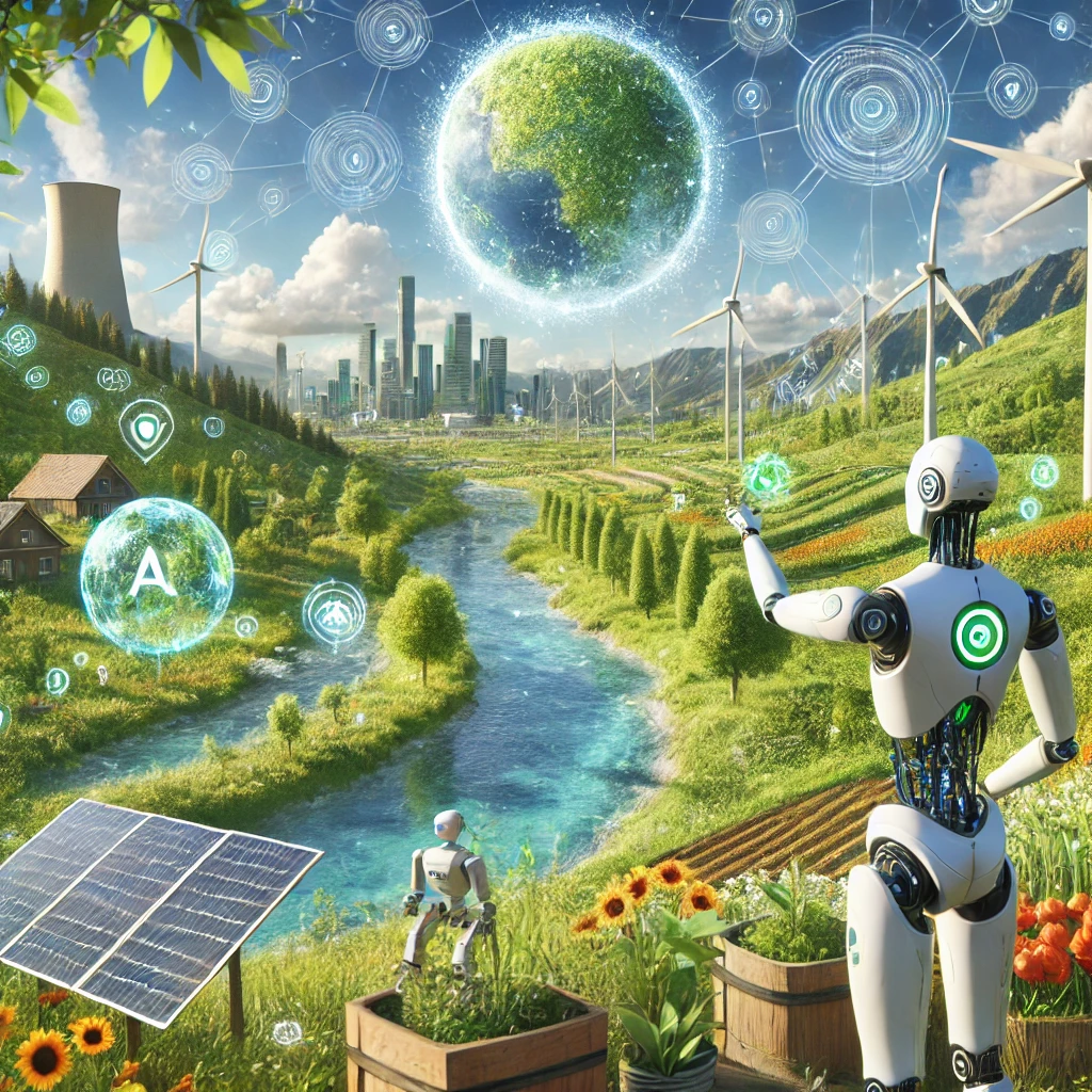 A futuristic digital landscape showing a combination of artificial intelligence (AI) and environmental sustainability